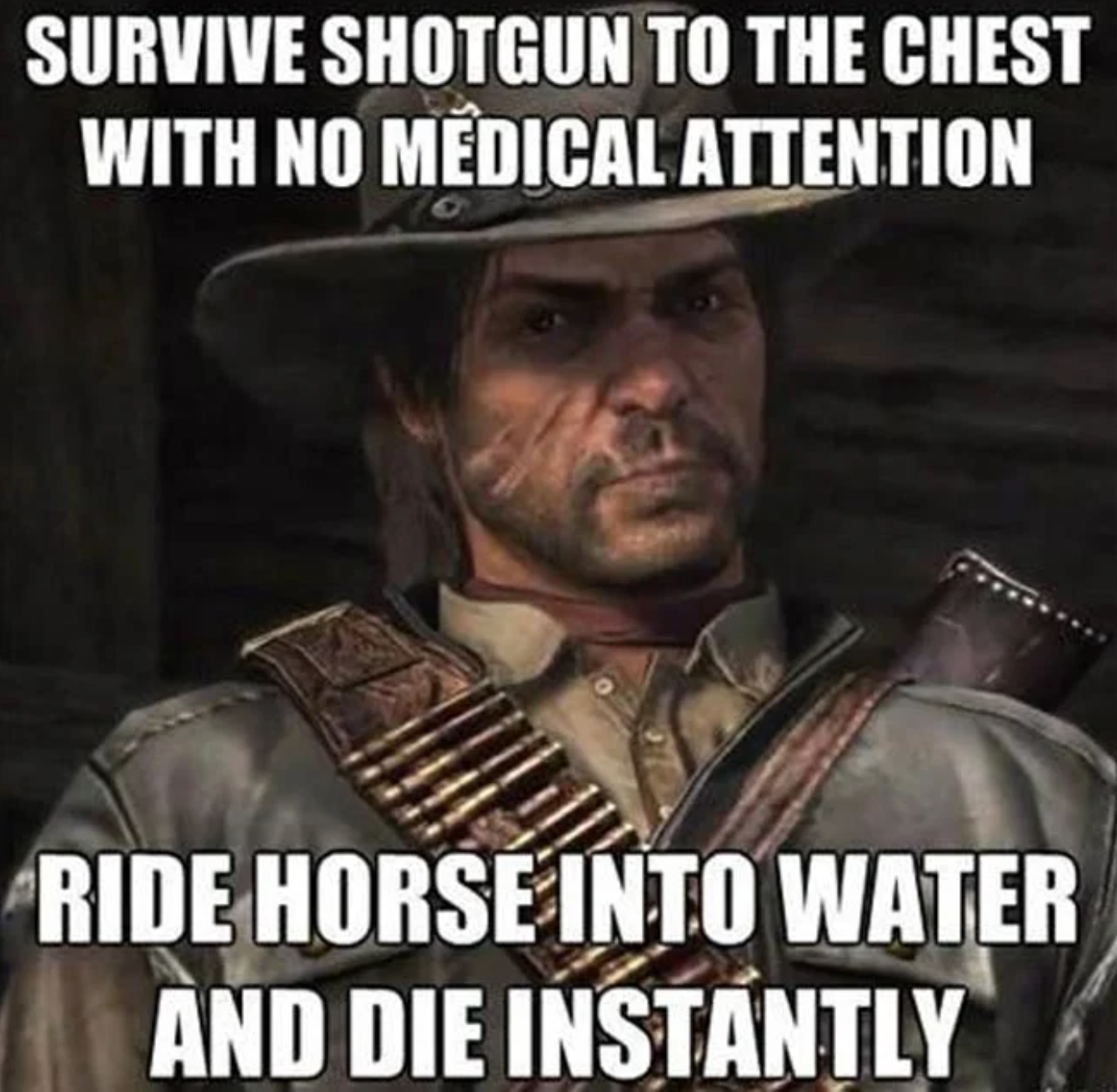 funny gaming memes - game memes - Survive Shotgun To The Chest With No Medical Attention Ride Horse Into Water And Die Instantly