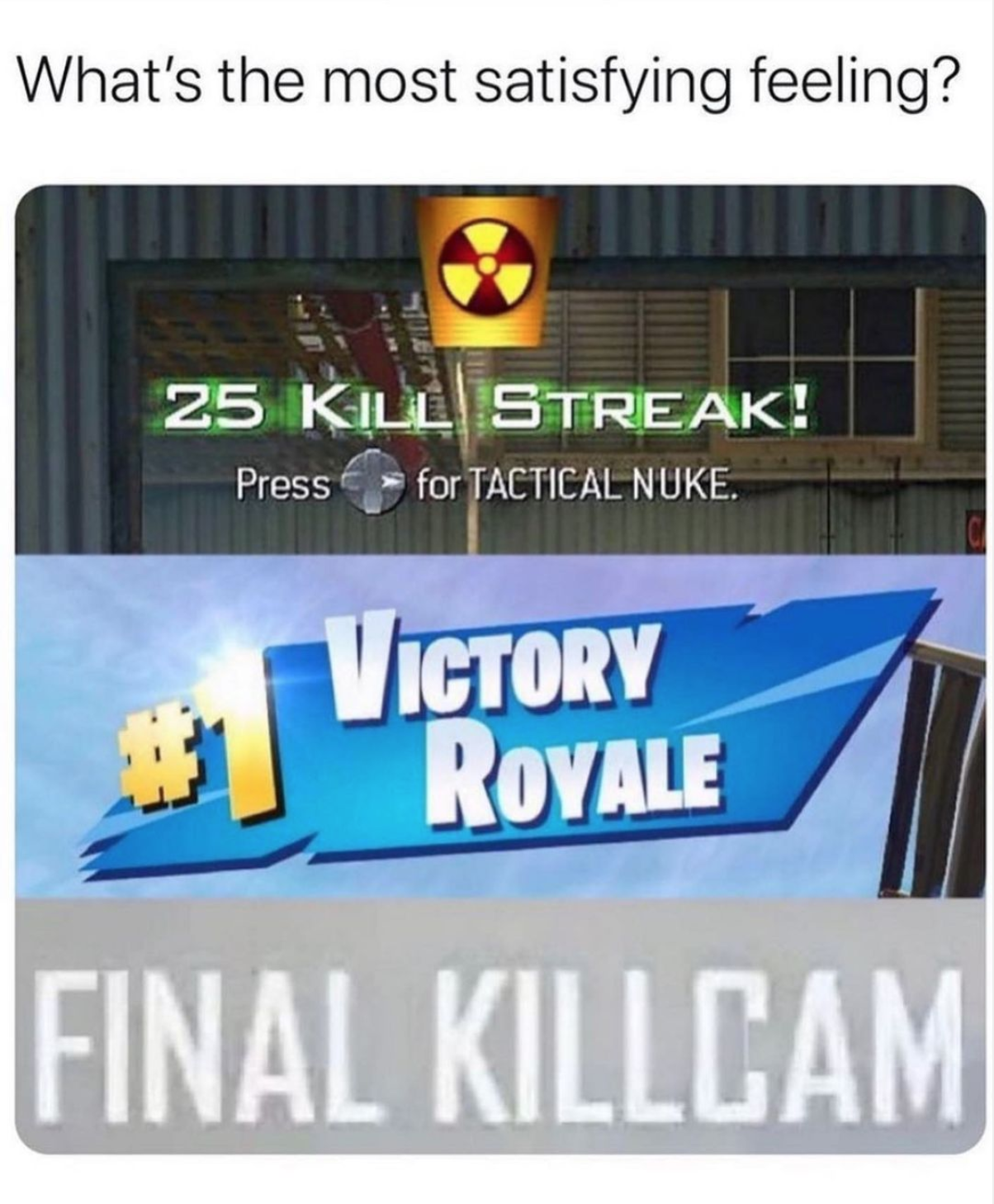 funny gaming memes - What's the most satisfying feeling? 25 Kill Streak! Press for Tactical Nuke. Victory Royale Final Killcam