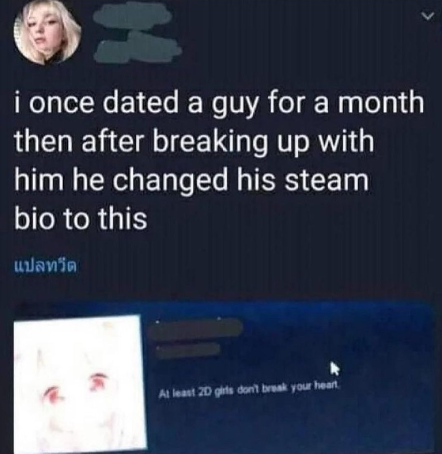 funny gaming memes - presentation - 3 i once dated a guy for a month then after breaking up with him he changed his steam bio to this At least 20 girls don't break your heart