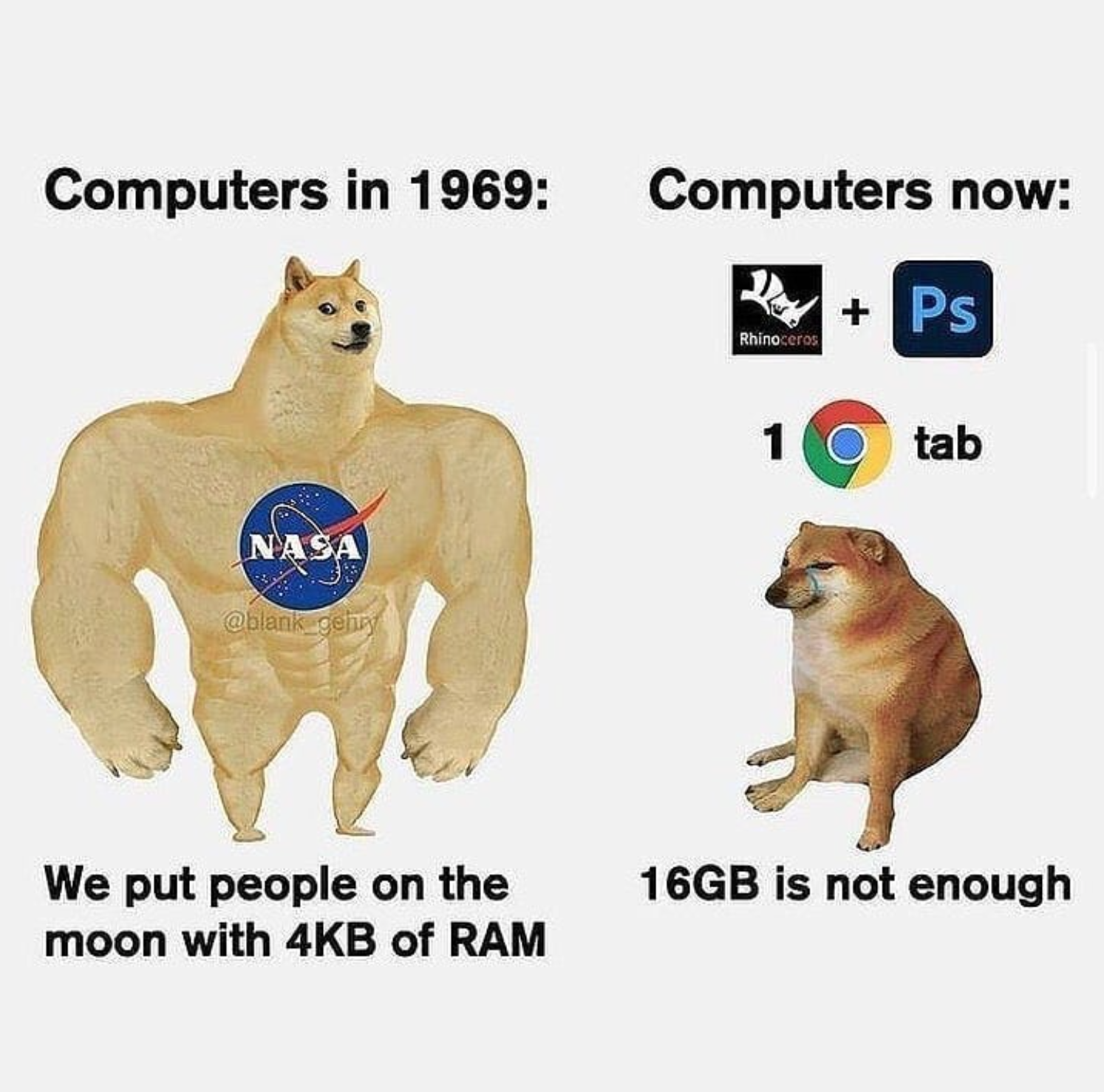 funny gaming memes - Internet meme - Computers in 1969 Computers now Ps Rhino 1 tab O Nasa 39 blogen 16GB is not enough We put people on the moon with 4KB of Ram