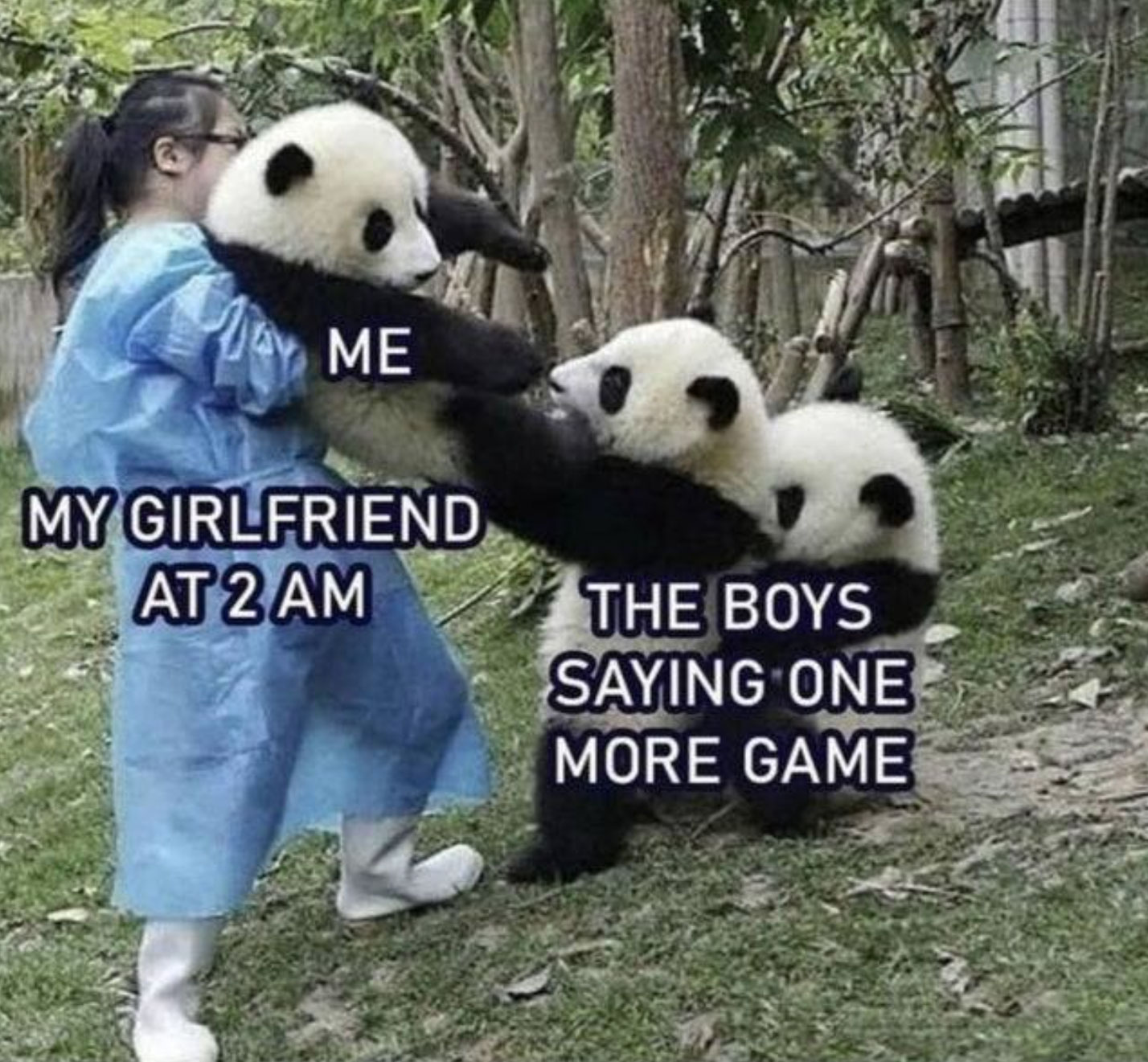 funny gaming memes  - panda give us back our friend - Me My Girlfriend At 2 Am The Boys Saying One More Game