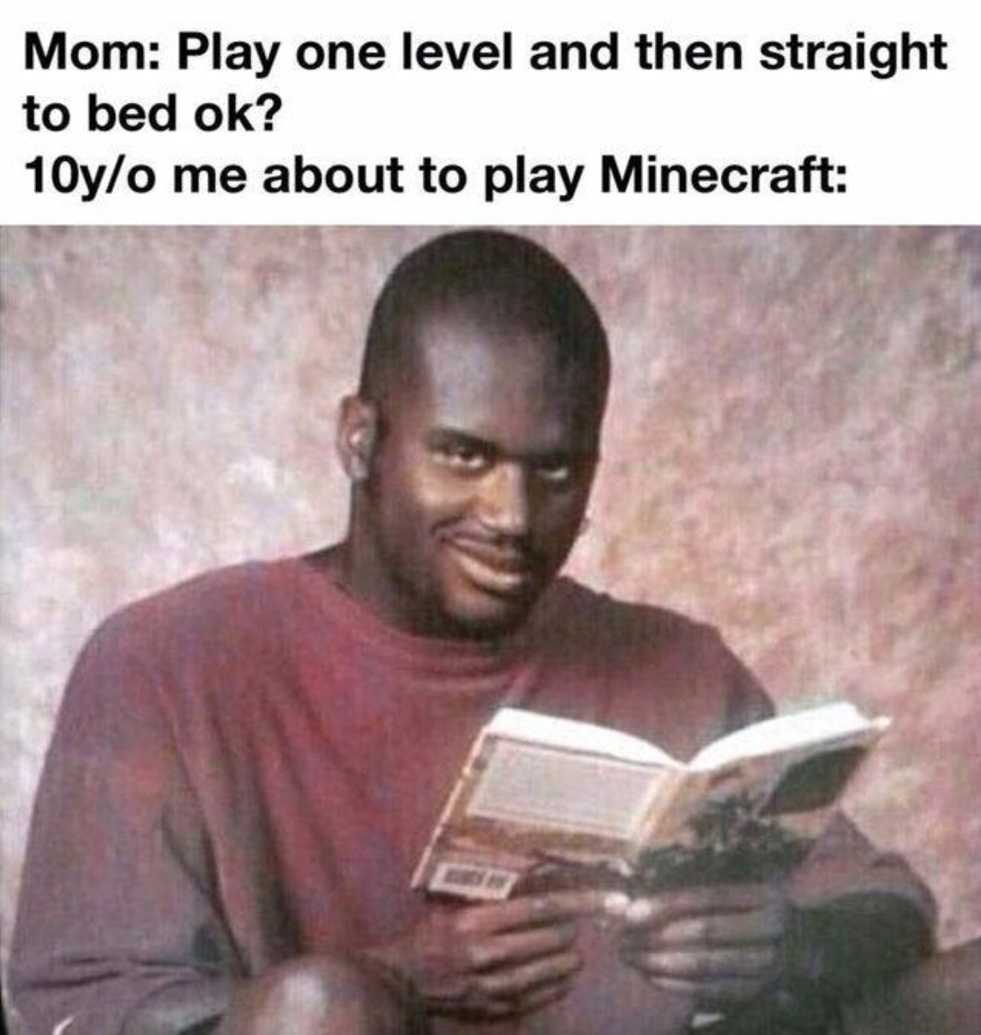 funny gaming memes  - shaq reading - Mom Play one level and then straight to bed ok? 10yo me about to play Minecraft