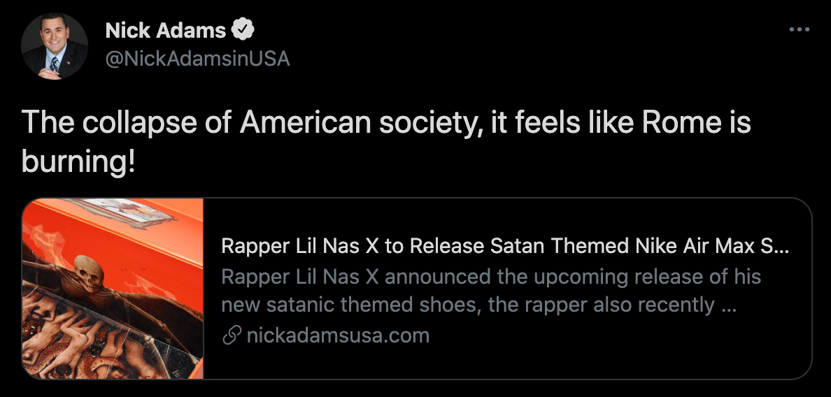 lil nas x nike satan shoes - The collapse of American society, it feels like Rome is burning! Rapper Lil Nas X to Release Satan Themed Nike Air Max S... Rapper Lil Nas X announced the upcoming release of his new satanic themed shoes, the rapper also recen
