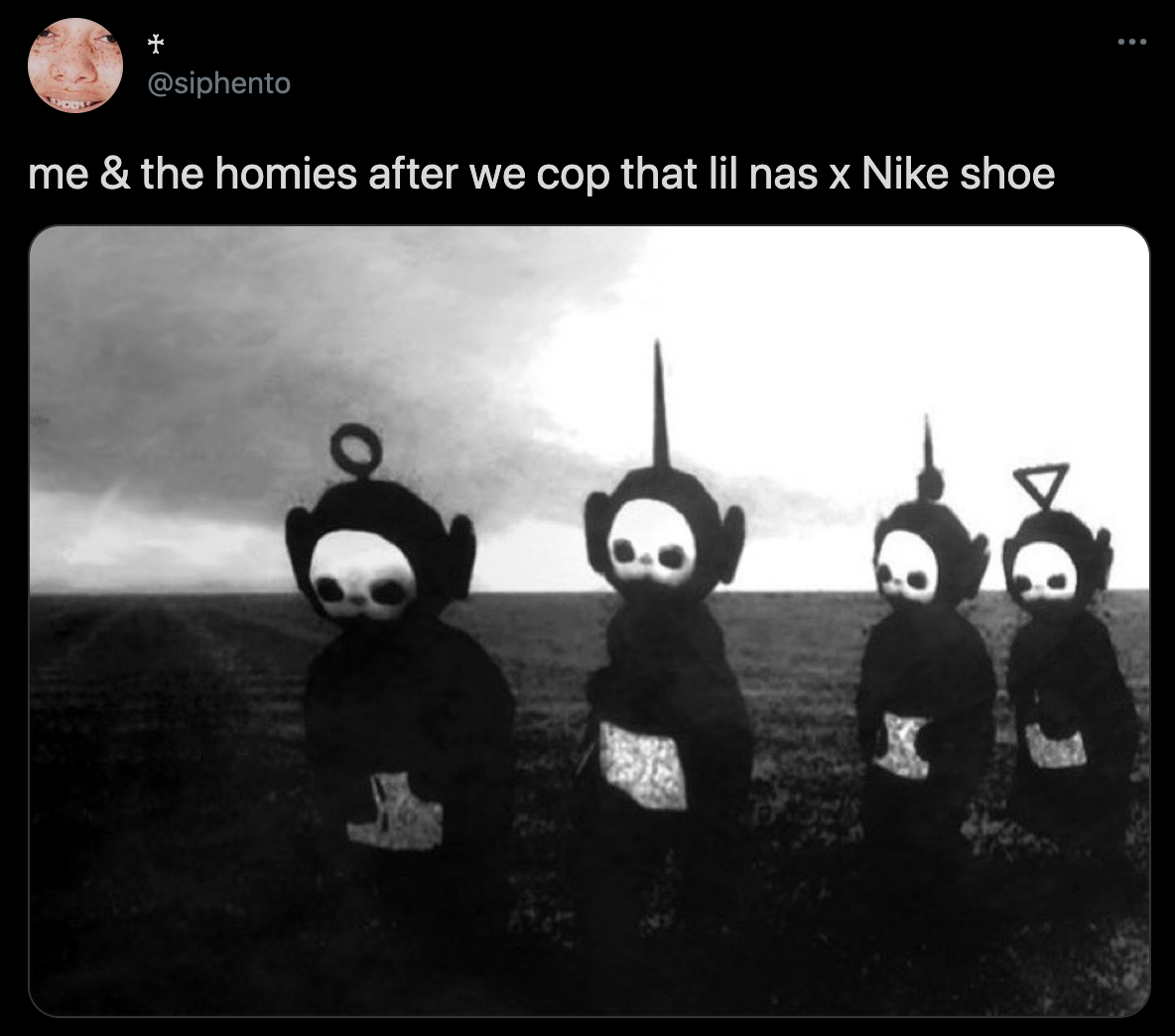 lil nas x nike satan shoes - teletubbies black and white - me & the homies after we cop that lil nas x Nike shoe