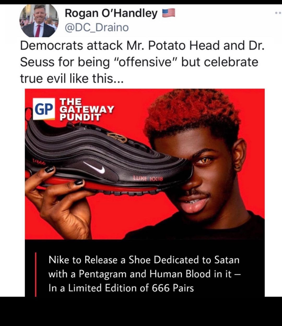 lil nas x nike satan shoes - Democrats attack Mr. Potato Head and Dr. Seuss for being