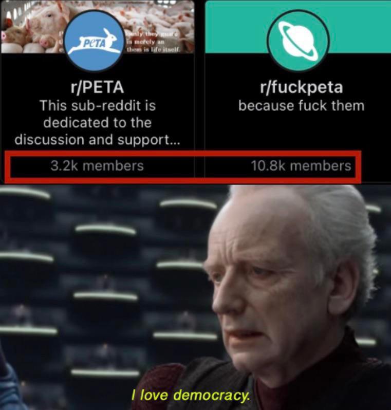 funny memes - Peta rfuckpeta because fuck them rPeta This subreddit is dedicated to the discussion and support... I love democracy.