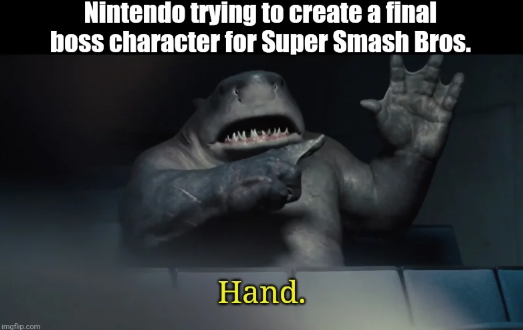photo caption - Nintendo trying to create a final boss character for Super Smash Bros. M Hand. imgflip.com