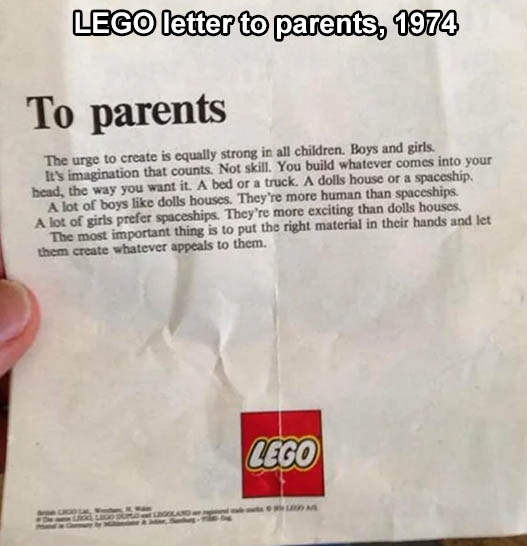lego chima - Lego letter to parents, 1974 To parents The urge to create is equally strong in all children. Boys and girls. It's imagination that counts. Not skill. You build whatever comes into your head, the way you want it. A bed or a truck. A dolls hou