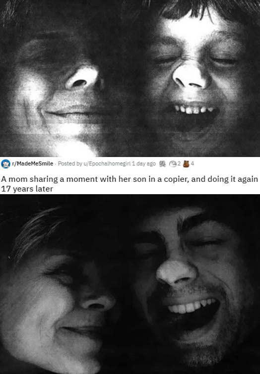 poster - MadeMeSmile Posted by uEpochalhomegirl 1 day ago A mom sharing a moment with her son in a copier, and doing it again 17 years later