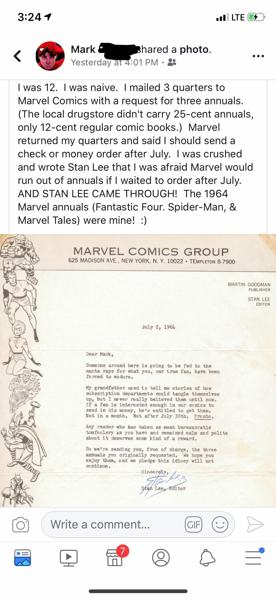 paper - 1 Il Lte G Mark Bhared a photo. Yesterday at I was 12. I was naive. I mailed 3 quarters to Marvel Comics with a request for three annuals. The local drugstore didn't carry 25cent annuals, only 12cent regular comic books. Marvel returned my quarter