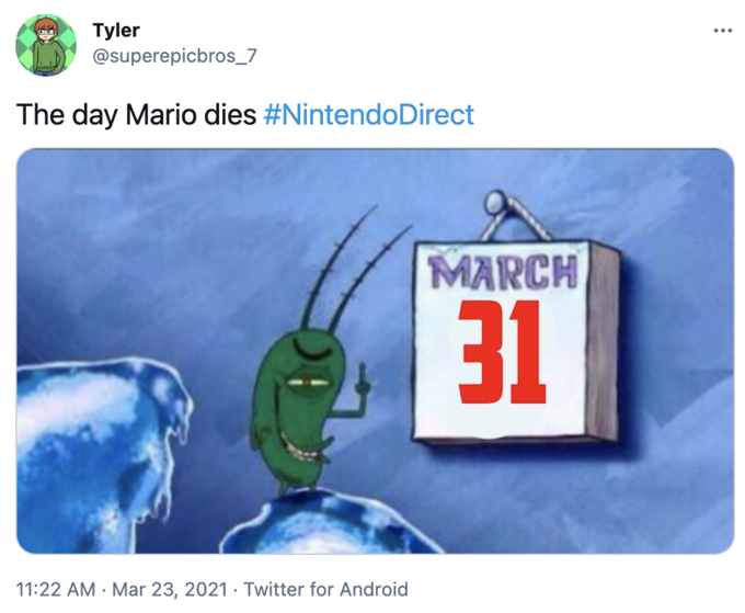 March 31 Mario Dies - media - .. Tyler The day Mario dies Direct March 31 . . Twitter for Android