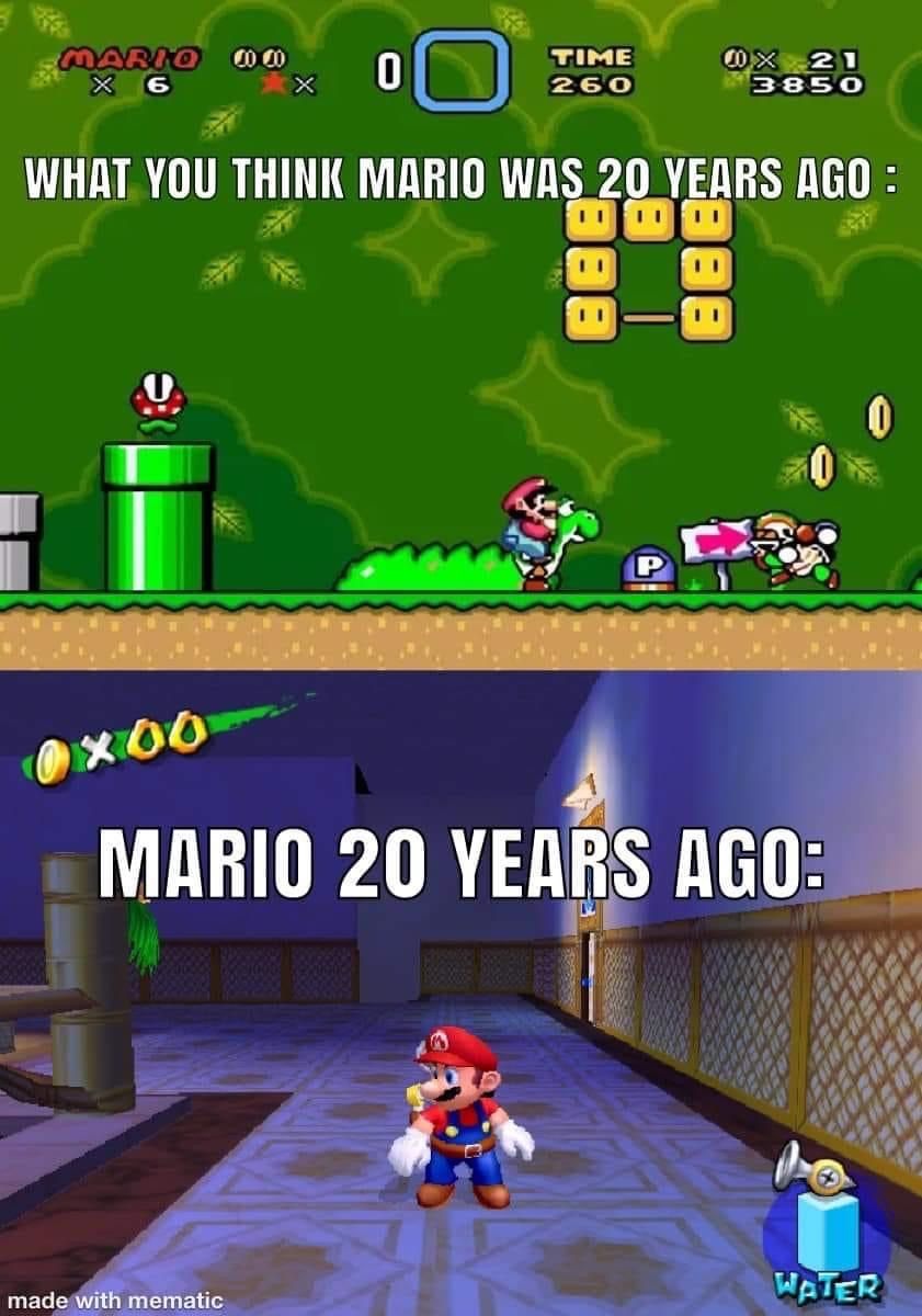funny gaming memes - super mario sunshine - Mario x 6 0 Time 260 0 x 21 3850 What You Think Mario Was 20 Years Ago 08 P X00 Mario 20 Years Ago Water made with mematic