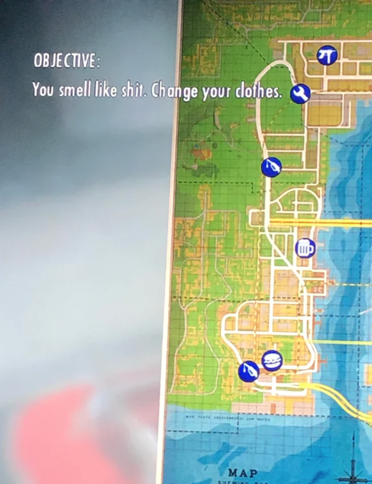 funny gaming memes - mafia 2 map - Objective You smell shit Change your clothes Map