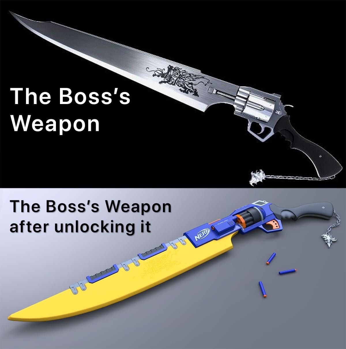 funny gaming memes - Internet meme - The Boss's Weapon The Boss's Weapon after unlocking it Nerf