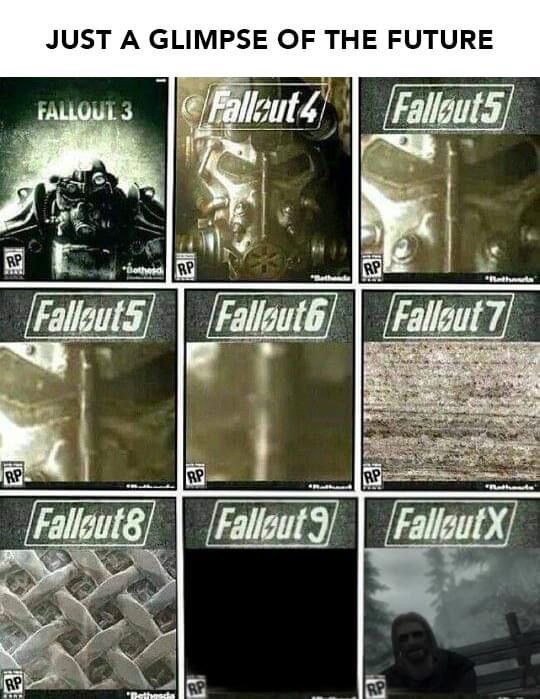 funny gaming memes - fallout 3 - Just A Glimpse Of The Future A Fallout 3 Fallsut 4 Fallout 5 Rp iotheca Rp Irp el Fallout 5 Fallout Fallout 7 Rp! Rp Rp Fallout Fallout 9 Fallout Rpi Rp Detach