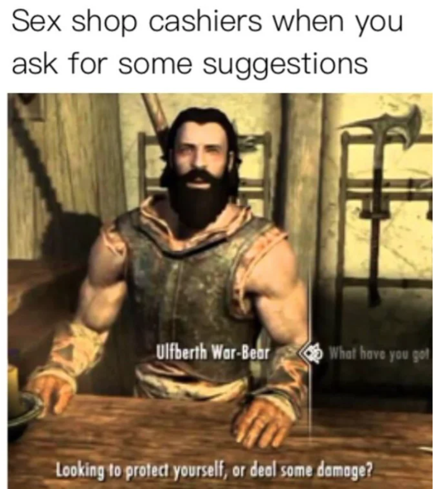 funny gaming memes - skyrim gay - Sex shop cashiers when you ask for some suggestions Ulfberth WarBear What have you go Looking to protect yourself, or deal some damage?