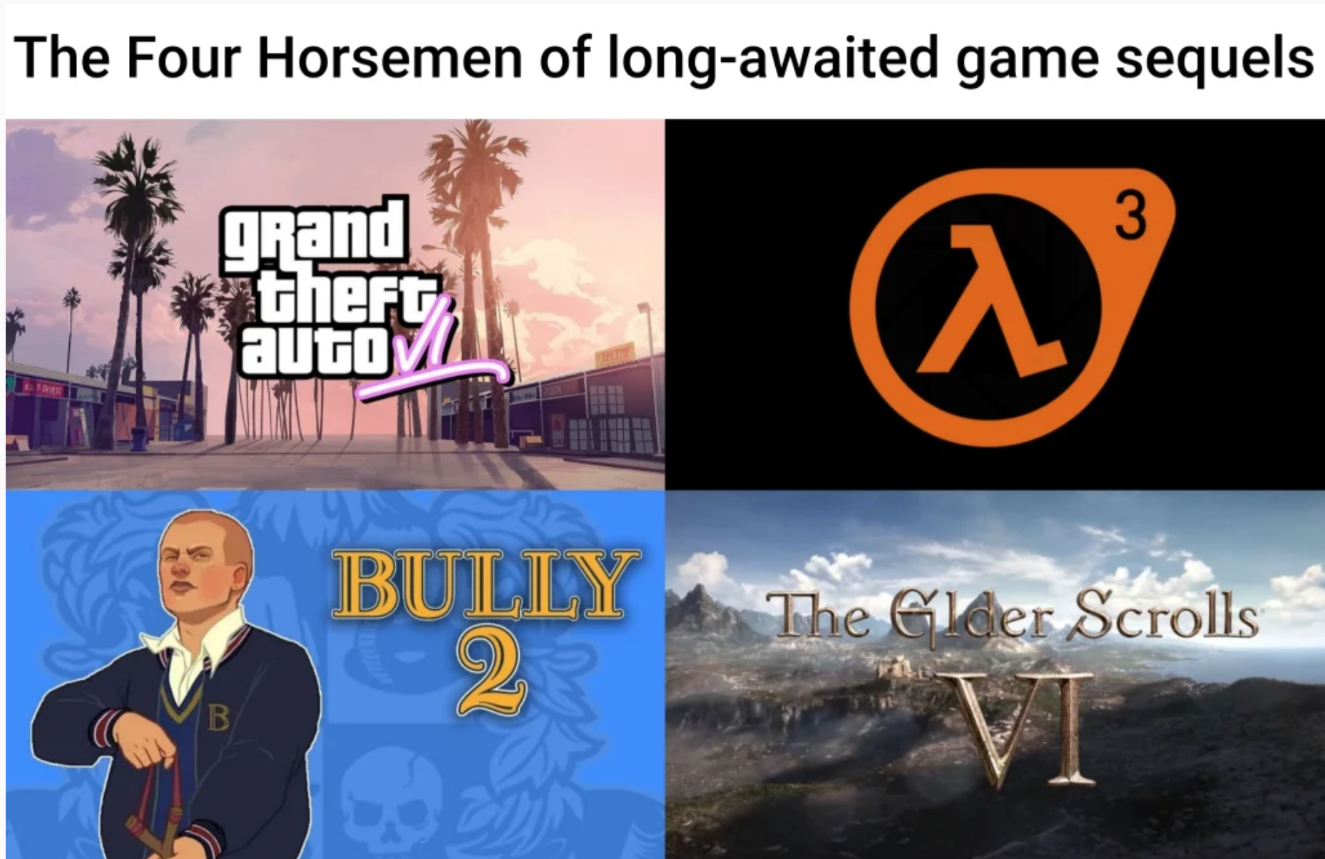 funny gaming memes - presentation - The Four Horsemen of longawaited game sequels grand theft auto Bully 2 The Elder Scrolls B