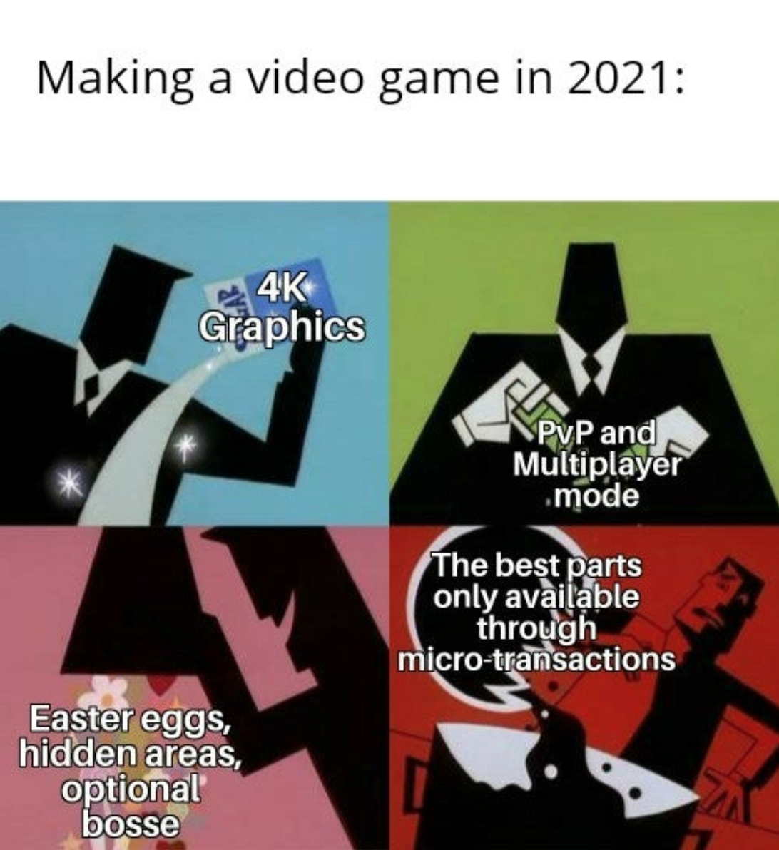 funny gaming memes and pics - powerpuff girl meme template - Making a video game in 2021 4K Graphics PvP and Multiplayer mode The best parts only available through microtransactions Easter eggs, hidden areas, optional bosse