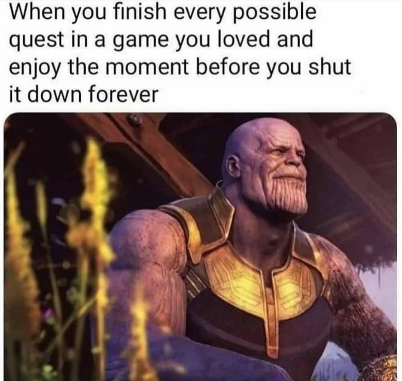 funny gaming memes - thanos wallpaper 4k - When you finish every possible quest in a game you loved and enjoy the moment before you shut it down forever