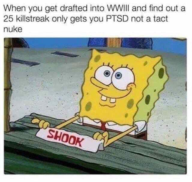 funny gaming memes  - shook meme - When you get drafted into Wwiii and find out a 25 killstreak only gets you Ptsd not a tact nuke Shook