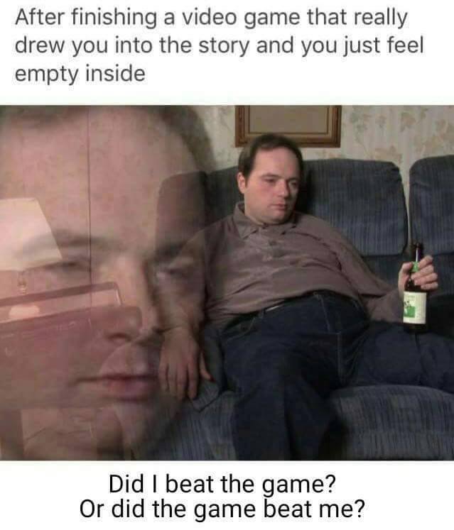 funny gaming memes  - did i beat the game or did - After finishing a video game that really drew you into the story and you just feel empty inside Did I beat the game? Or did the game beat me?