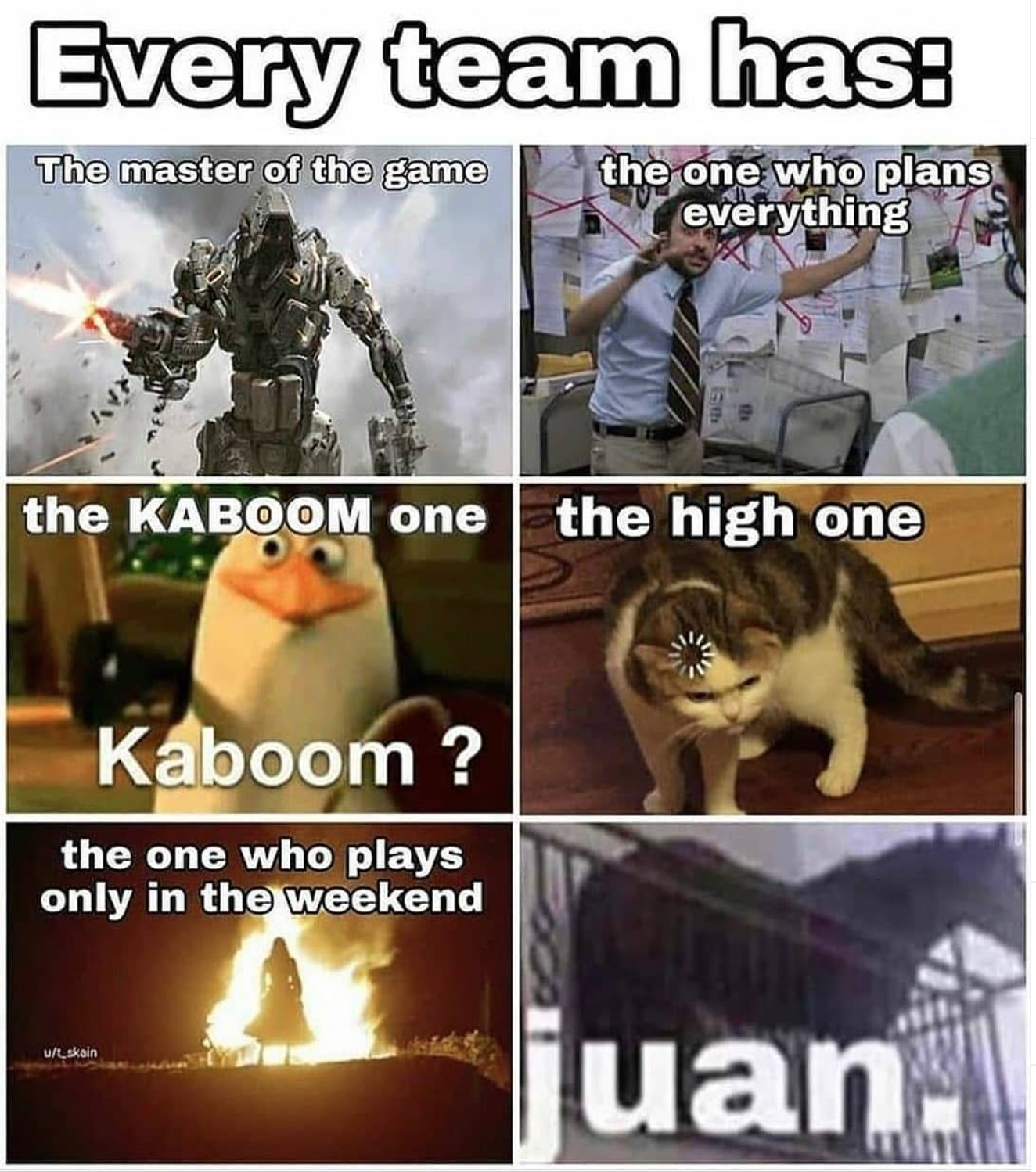 funny gaming memes  - juan horse on balcony meme - Every team has The master of the game the one who plans everything the Kaboom one the high one Kaboom ? the one who plays only in the weekend juan.