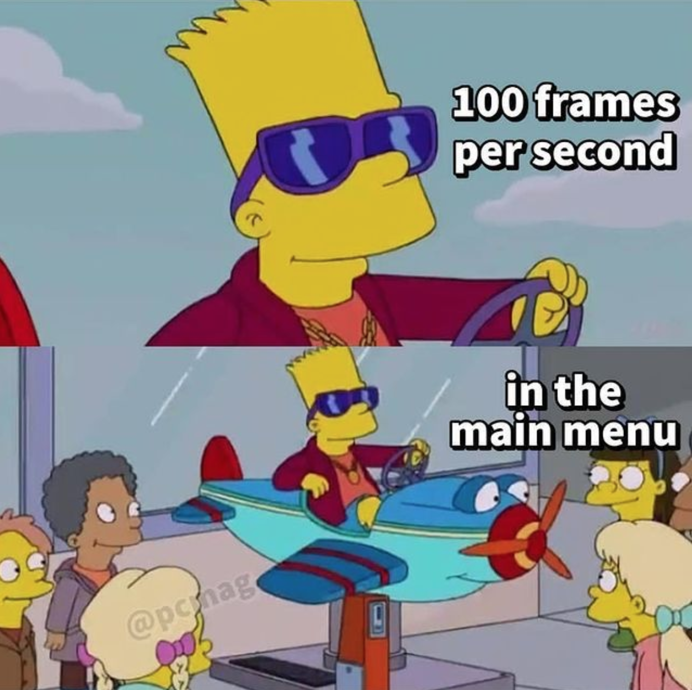 funny gaming memes - bart in plane meme template - 100 frames per second in the main menu