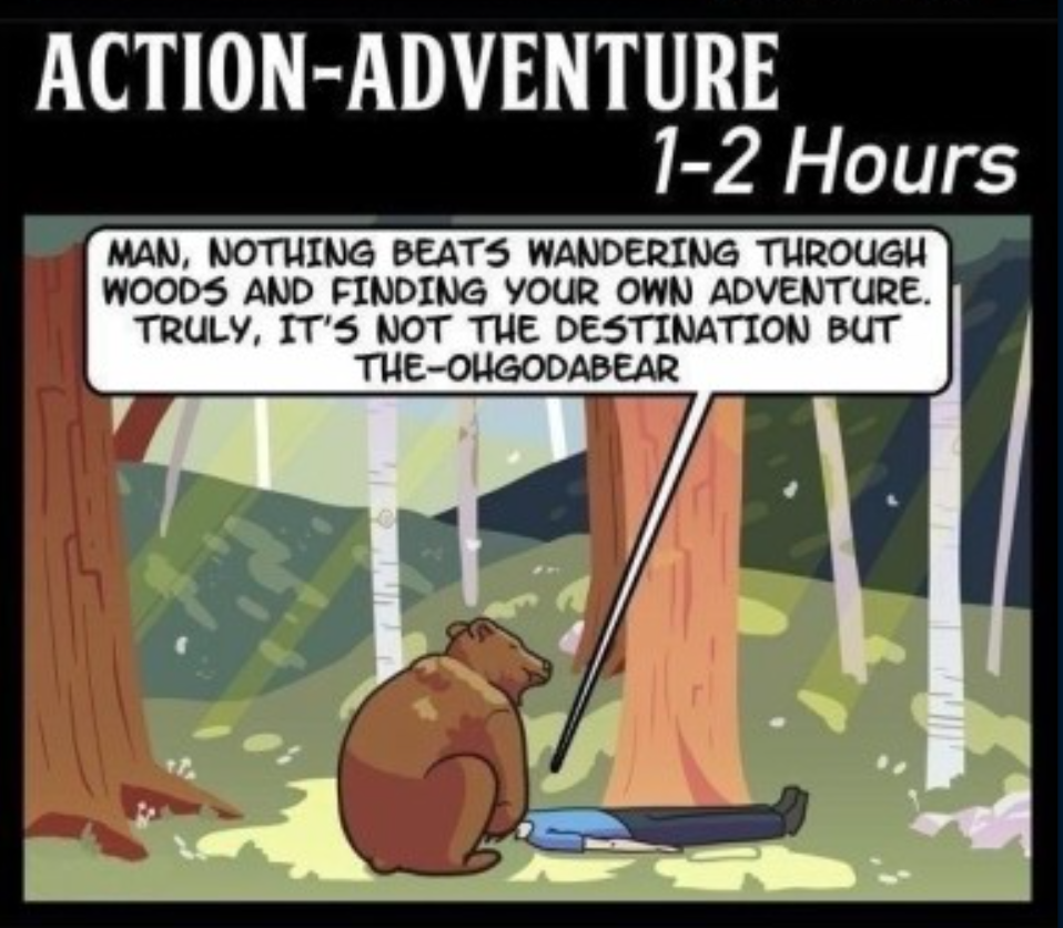 funny gaming memes  - cartoon - ActionAdventure 12 Hours Man, Nothing Beats Wandering Through Woods And Finding Your Own Adventure. Truly, It'S Not The Destination But TheOhgodabear