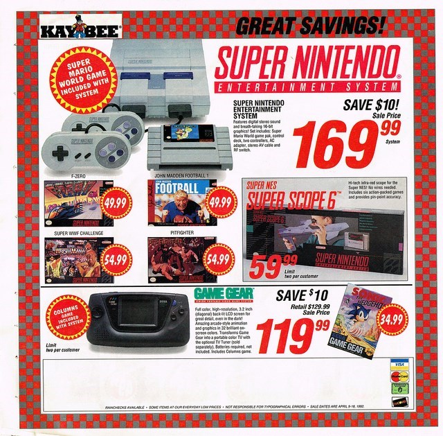 vintage gaming ads  --  radio controlled toy - Kay Bee Great Savings! Super Nintendo Super Mario World Game Included With System Entertainment System Super Nintendo Entertainment Save $10! System Sale Price Features digital stereo sound and breath16 graph
