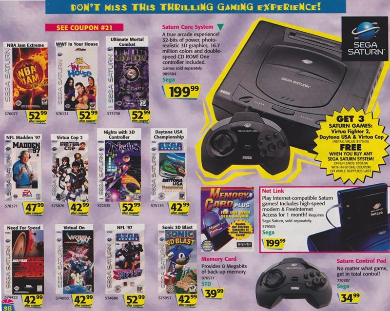 vintage gaming ads  - 1996 video games - Don'T Miss This Thrilling Gaming Experience! See Coupon Nba Jam Extreme Wwf In Your House Ultimate Mortal Combat 11 Saturn Core System A true arcade experience! 32bits of power, photo realistic 3D graphics, 16.7 mi