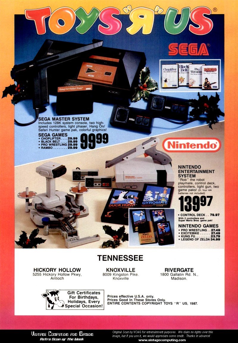 vintage gaming ads  - nintendo entertainment system ad - Toyssus Sega Sta Back Chi l'Bet W Balbo naar Sea Sega Master System Includes system console, two high speed controllers, light phaser, Hang On Safari Hunter game pak, colorful graphics! Sega Games C