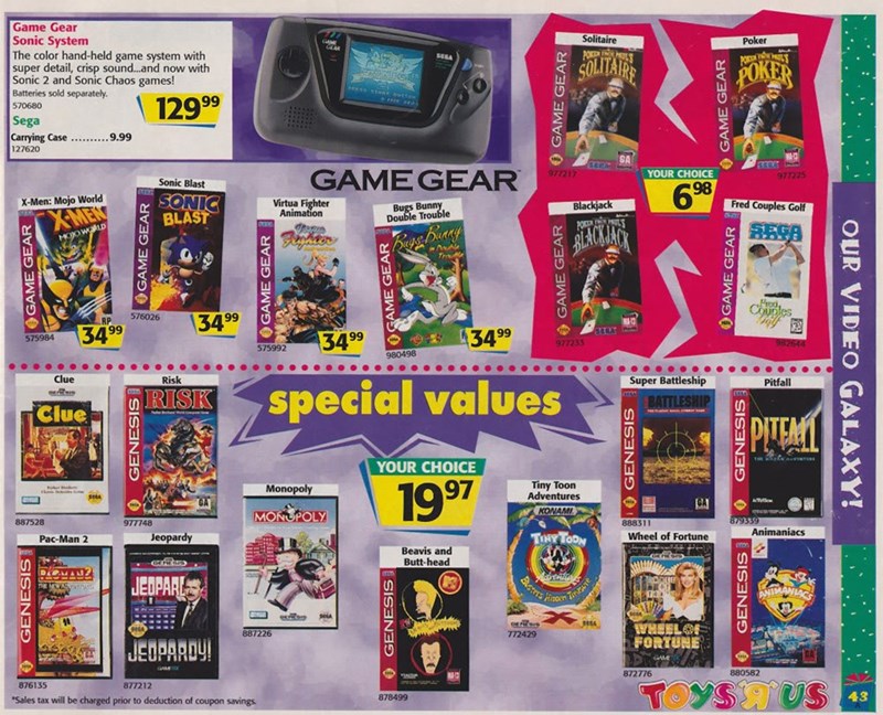 vintage gaming ads  - 90s toys r us catalog - Solitaire Poker Podp Solitaire Game Gear Sonic System The color handheld game system with super detail, crisp sound...and now with Sonic 2 and Sonic Chaos games! Batteries sold separately 570680 Sega Carrying 