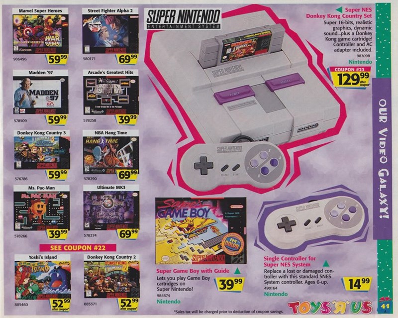 vintage gaming ads  - toys r us 1996 - Marvel Super Heroes Street Fighter Alpha 2 Super Nintendo Entertainment System War Was Gems Carcom Super Nes Donkey Kong Country Set Super 16bits, realistic graphics, dynamic sound...plus a Donkey Kong game cartridge