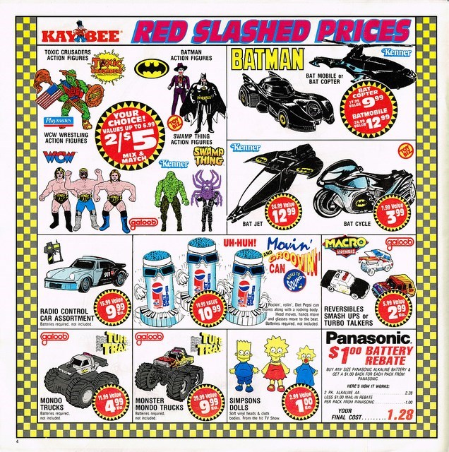 vintage gaming ads  - cartoon - Kavbee Red Slashed Prices Batman Toxic Crusaders Action Figures Batman Action Figures Kenner Bat Mobile or Bat Copter Elat Copter 1742 999 Batmobile Pluimus Your Choice! Values Up To 6.99 Th 1299 Wcw Wrestling Action Figure