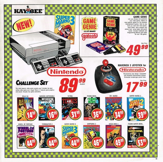 vintage gaming ads  - old video game prices - Kay Bee MARIO3 Game Genie Game Genie New! Game Genie Let you change your vidare Wirts most popular amesed Enter System Sut on any tout you want more power more spend more and Intelvet Jumgher and punch Made In