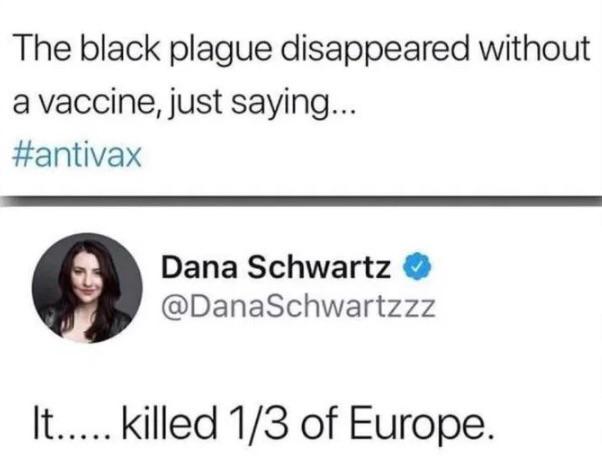 paper - The black plague disappeared without a vaccine, just saying... Dana Schwartz It..... killed 13 of Europe.