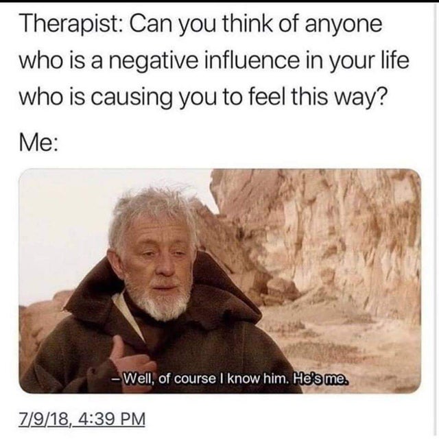 john jacob jingleheimer schmidt meme - Therapist Can you think of anyone who is a negative influence in your life who is causing you to feel this way? Me Well, of course I know him. He's me. 7918,