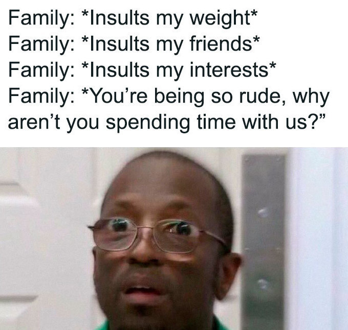 toxic household meme - Family Insults my weight Family Insults my friends Family Insults my interests Family You're being so rude, why aren't you spending time with us?
