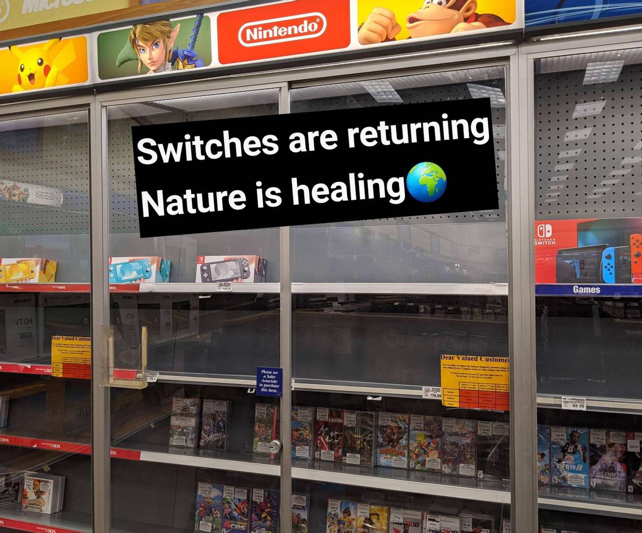 convenience store - Nintendo Switches are returning Nature is healing Od Switch Games Vtch Dear Sedostum Dear Valued Customei . Please se Sales Associate to pure this ifrat 179.99 Videns Ds FIFA198 Reember Cib