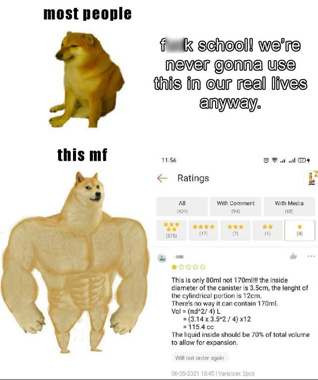 among us doge meme - most people fuck school! we're never gonna use this in our real lives anyway. this mf . . f Ratings All 409 With Comment 94 With Media 68 17 375 This is only 80ml not 170ml!!! the inside diameter of the canister is 3.5cm, the lenght o