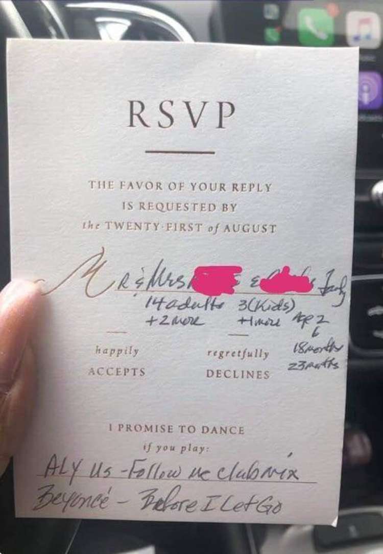 calligraphy - Rsvp The Favor Of Your Is Requested By the Twenty First of August Marsh 14adult 3Kids. 2 mere timore R2 18 worthy regretfully zbratis Declines Itappily Accepts I Promise To Dance if you play Aly Us uc clubaix Beyonc Before I Let Go