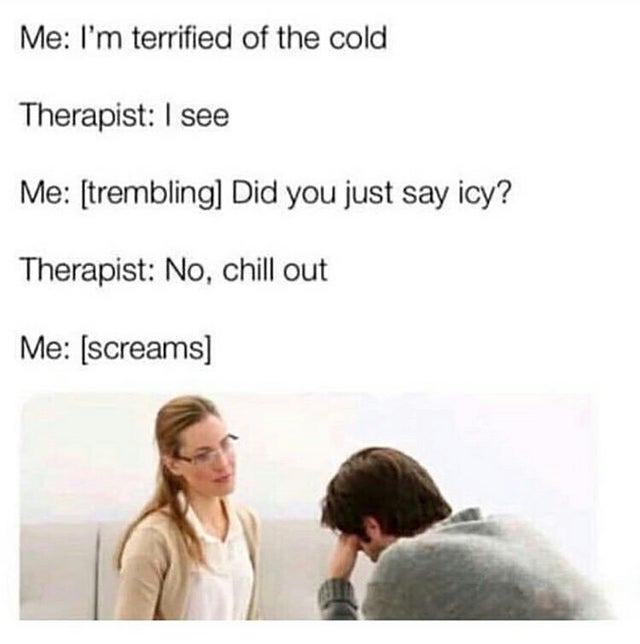 dark memes - me therapist meme - Me I'm terrified of the cold Therapist I see Me trembling Did you just say icy? Therapist No, chill out Me screams