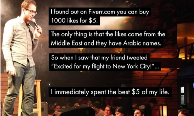 dark memes - presentation - I found out on Fiverr.com you can buy 1000 for $5. The only thing is that the come from the Middle East and they have Arabic names. So when I saw that my friend tweeted "Excited for my flight to New York City!"... I immediately