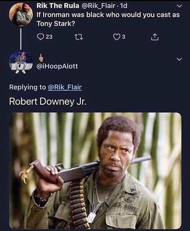 dark memes - kirk lazarus iron man - Rik The Rula . 1d If Ironman was black who would you cast as Tony Stark? 3 23 > Robert Downey Jr. Adiy