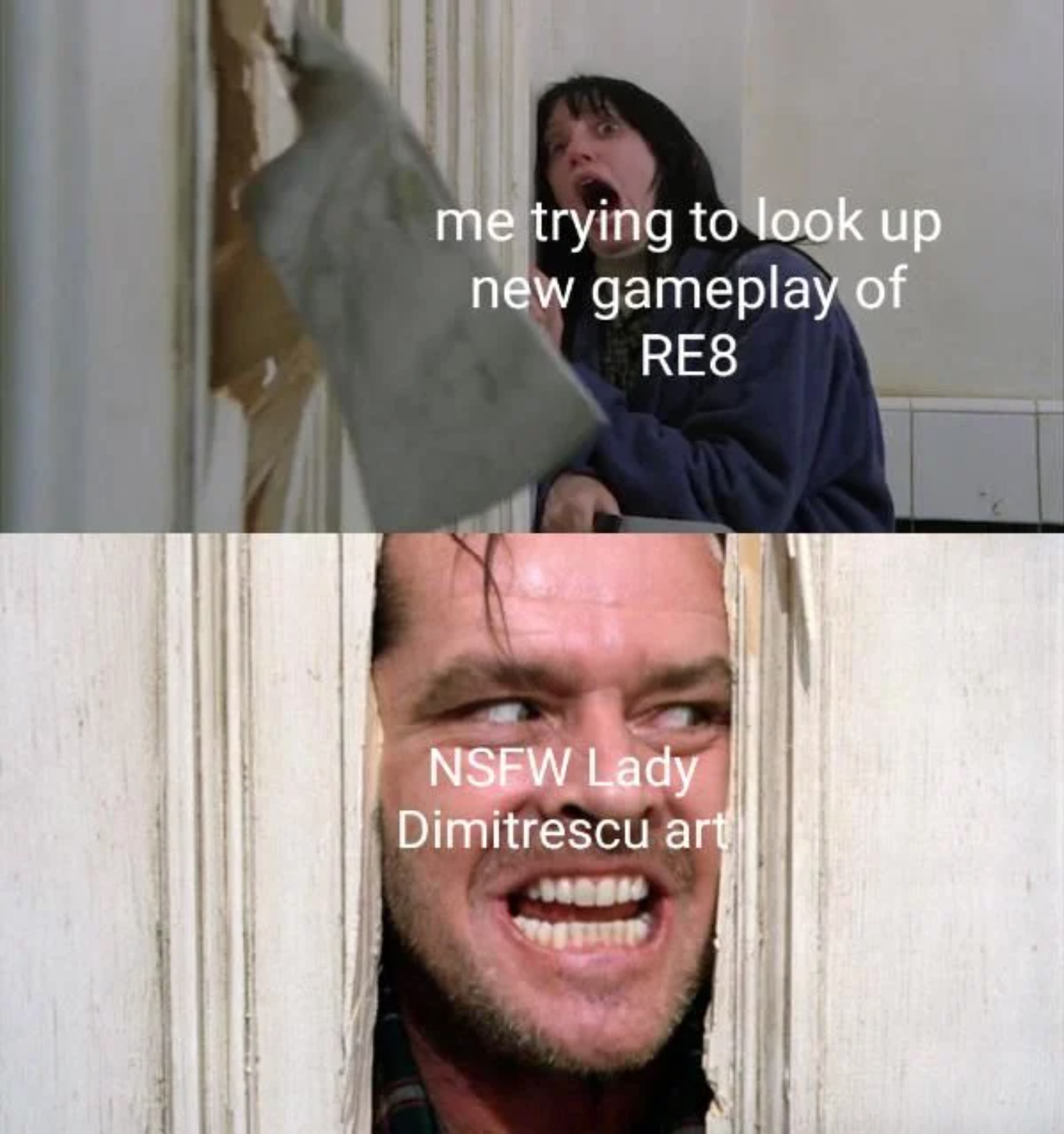 funny gaming memes - shinning meme - me trying to look up new gameplay of RE8 Nsfw Lady Dimitrescu art Sen