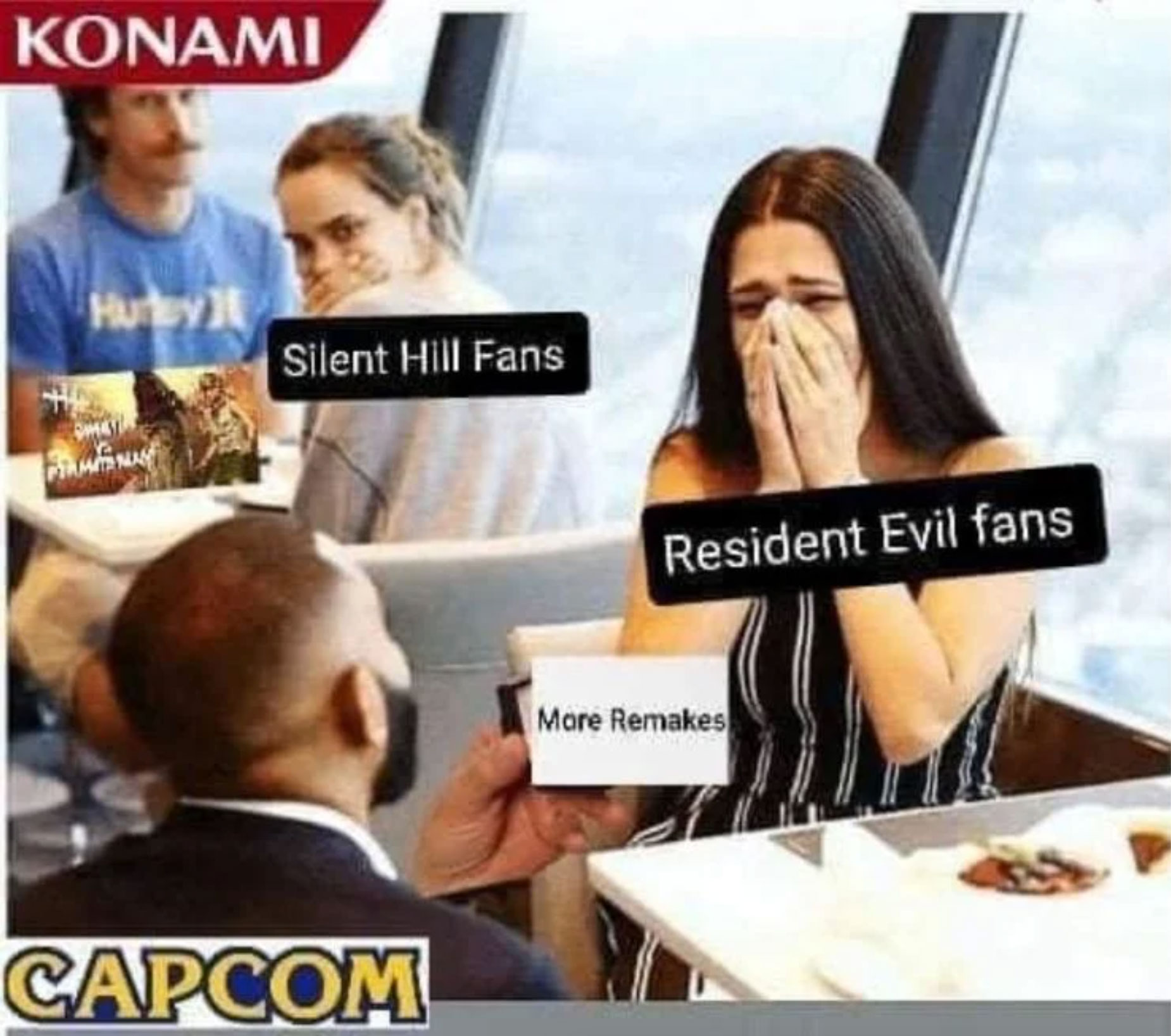 funny gaming memes - capcom resident evil konami silent hill meme - Konami Silent Hill Fans Om Resident Evil fans More Remakes Capcom
