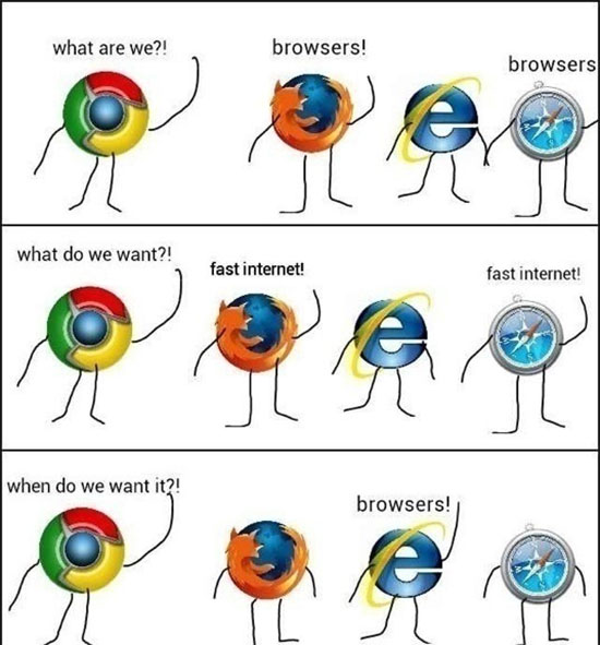 internet explorer jokes - what are we?! browsers! browsers what do we want?! fast internet! fast internet! when do we want it?! browsers!