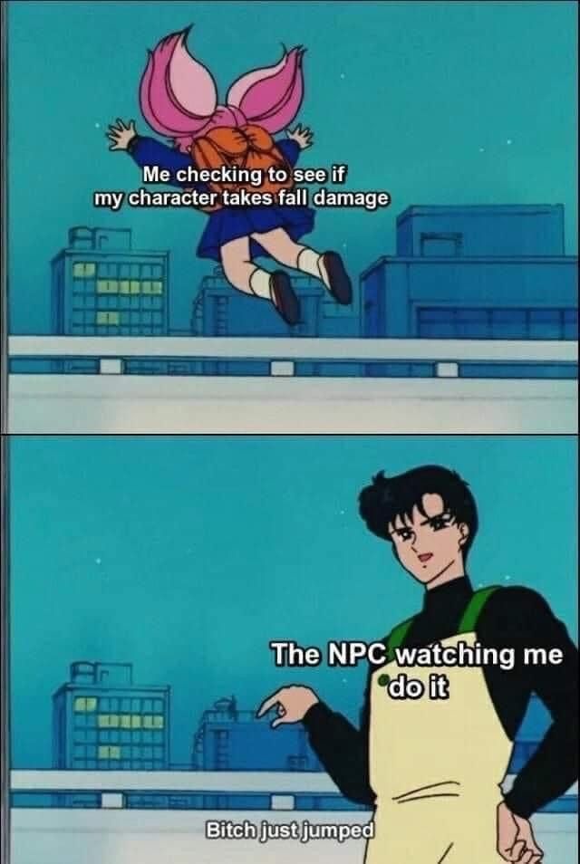 funny gaming memes - Chibiusa - Me checking to see if my character takes fall damage A. The Npc watching me do it Bitch just jumped