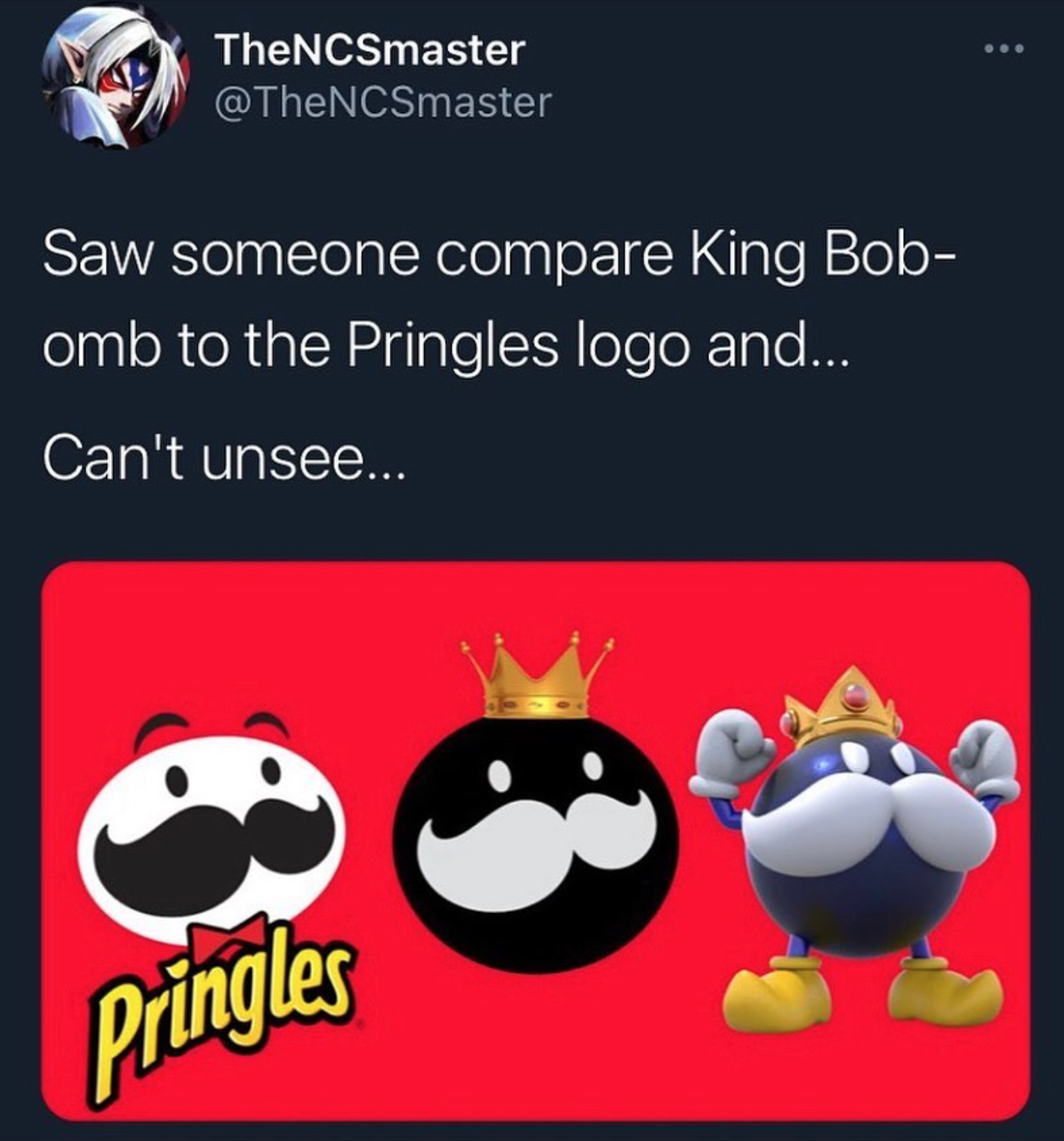 funny gaming memes - pringles - TheNCSmaster Saw someone compare King Bob omb to the Pringles logo and... Can't unsee... Pringles