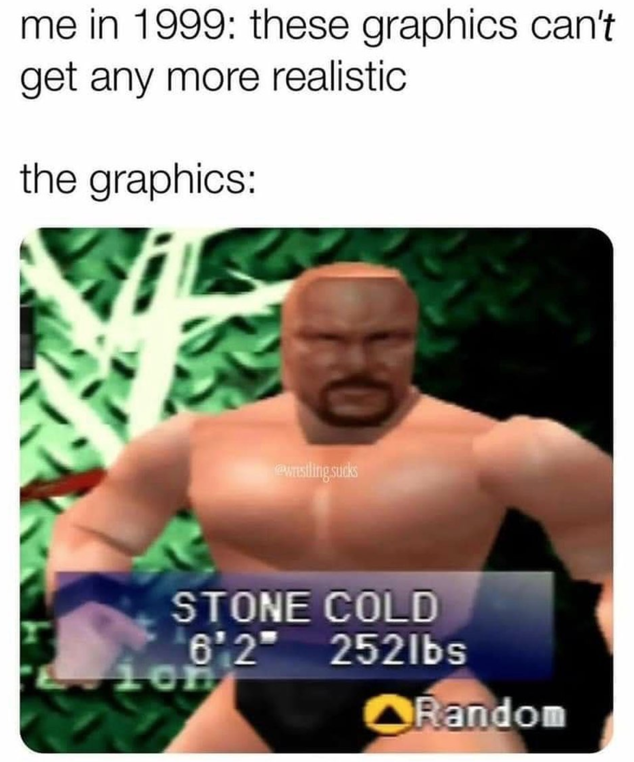 funny gaming memes - muscle - me in 1999 these graphics can't get any more realistic the graphics piling Stone Cold 6'2252lbs Random